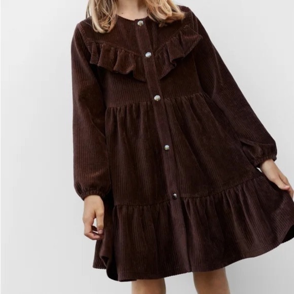 Zara Other - Zara Ruffled Corduroy Tiered Buttons Up Dark Brown Dress Girl Size 13-14